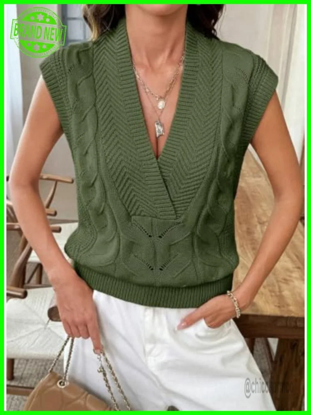 Sweater Vest V Neck Sleeveless Oversized Lightweight Cable Knit Cotton Tops for